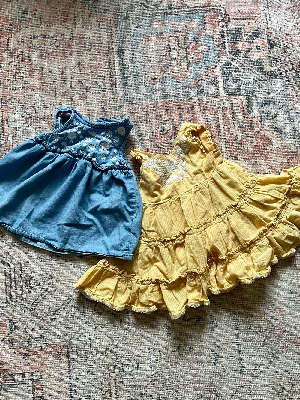 Tahari Girls 18-24 Month Cottage Core Embroidered Yellow & Blue Dress Bundle